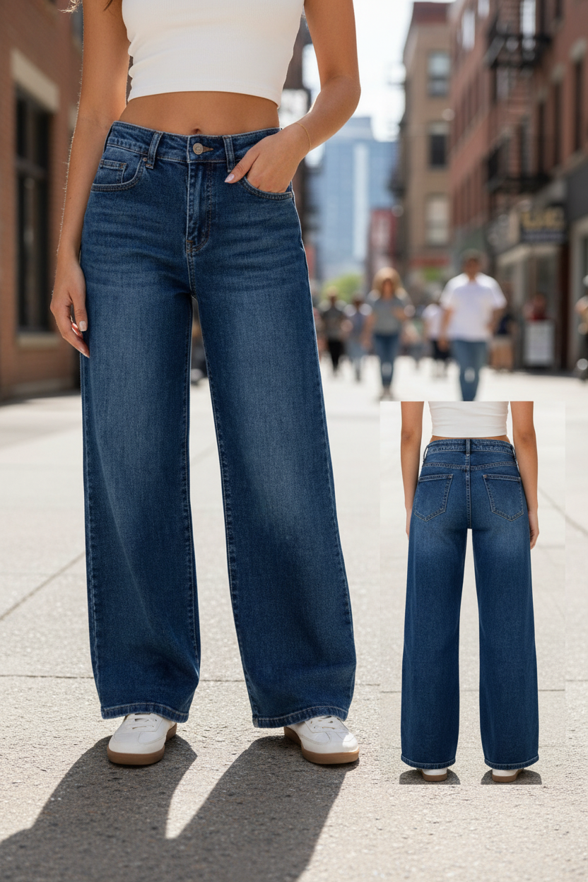 Jean wide leg Thomas denim bleu porté de face et de dos – coupe taille haute droite, 5 poches, look urbain street style
