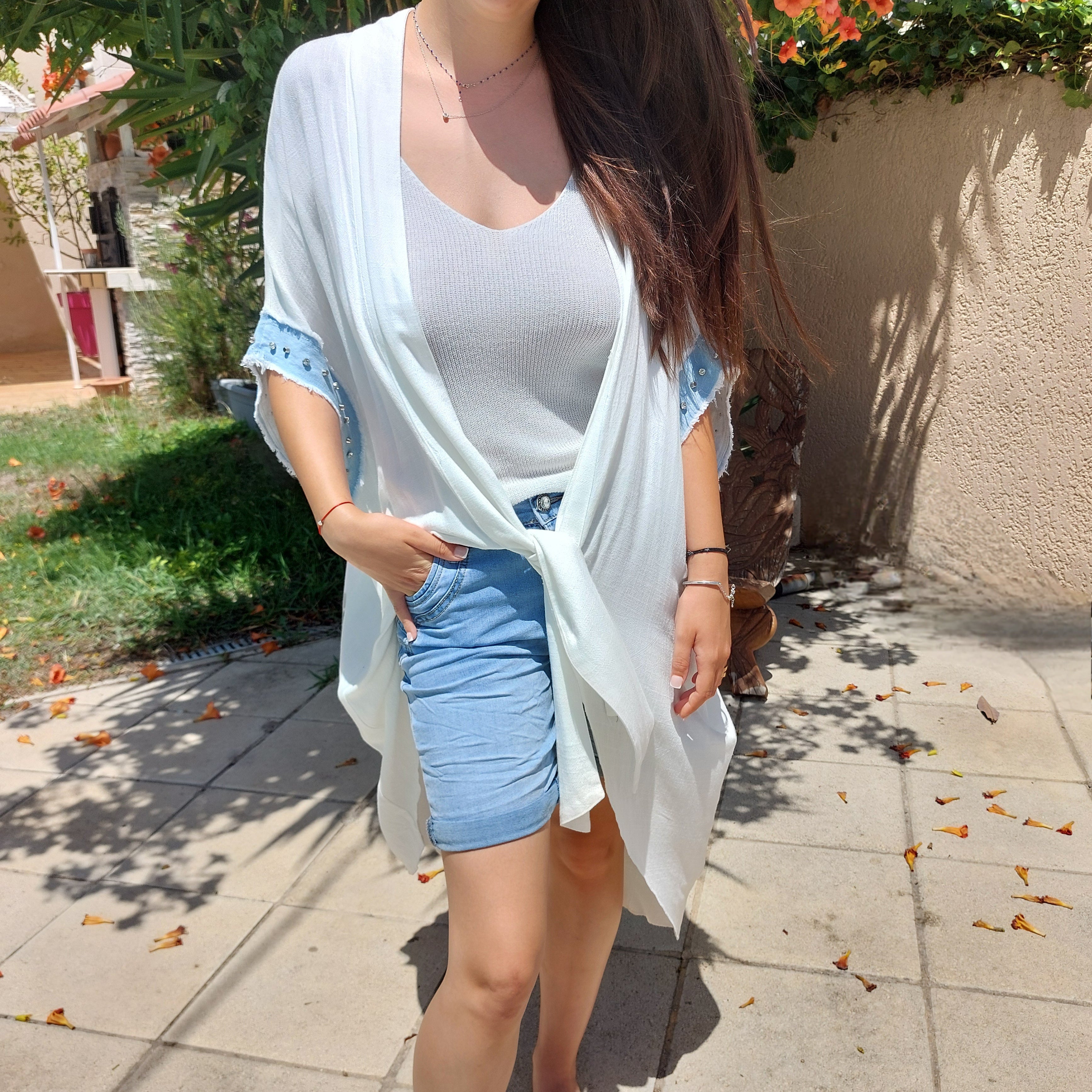 Kimono Viscose Lin Luly — Manches Denim Clouté Plage Bohème Femme