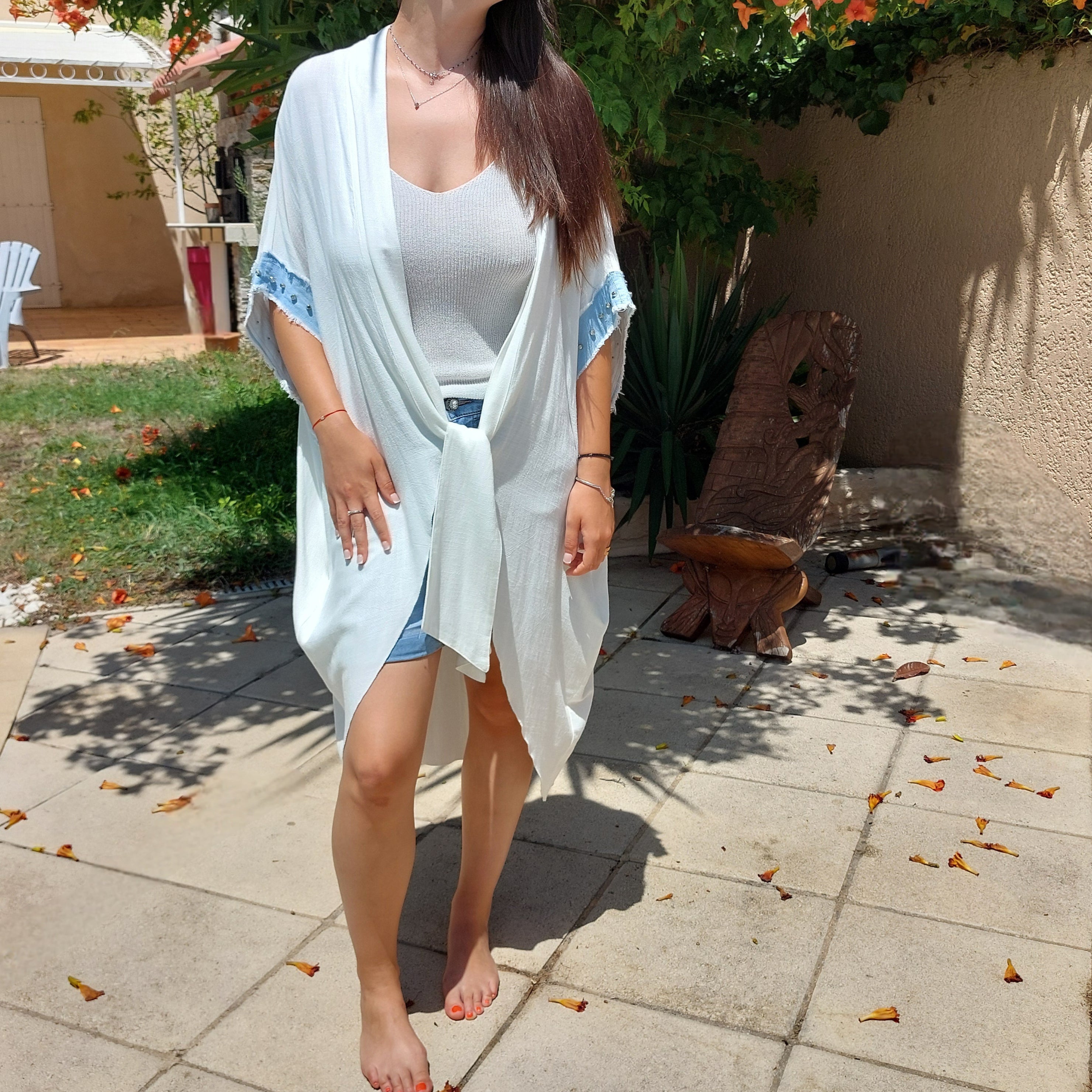 Kimono Viscose Lin Luly — Manches Denim Clouté Plage Bohème Femme