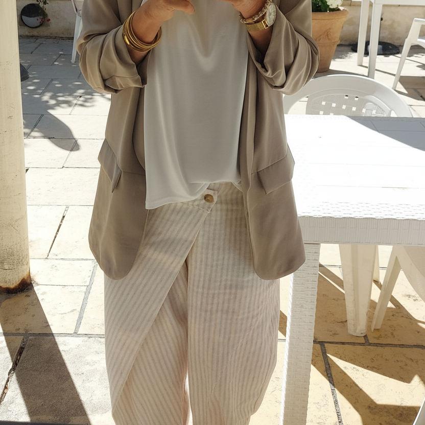 Femme portant le pantalon Mao bleu ciel ballon rayé look chic - ineva