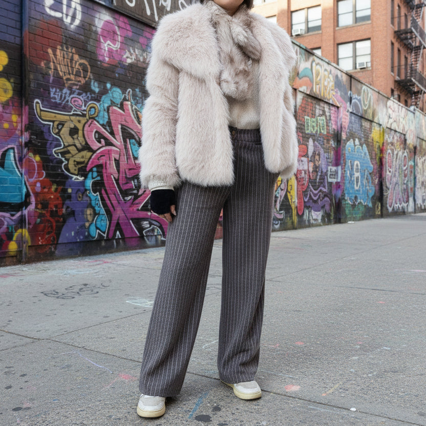 Pantalon Large Paul Tweed Grège - Taille Haute Ceinture Femme