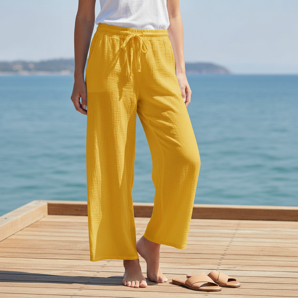 Pantalon Roman Gaze de Coton Coupe Large Droite 2 Poches Ceinture Élastique – 100% Coton, Taille 36-40