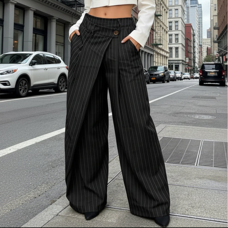 Pantalon Vizir Portefeuille Fluide Rayé – Jambes Évasées, Taille Élastique, 95% Polyester, Taille 36-42