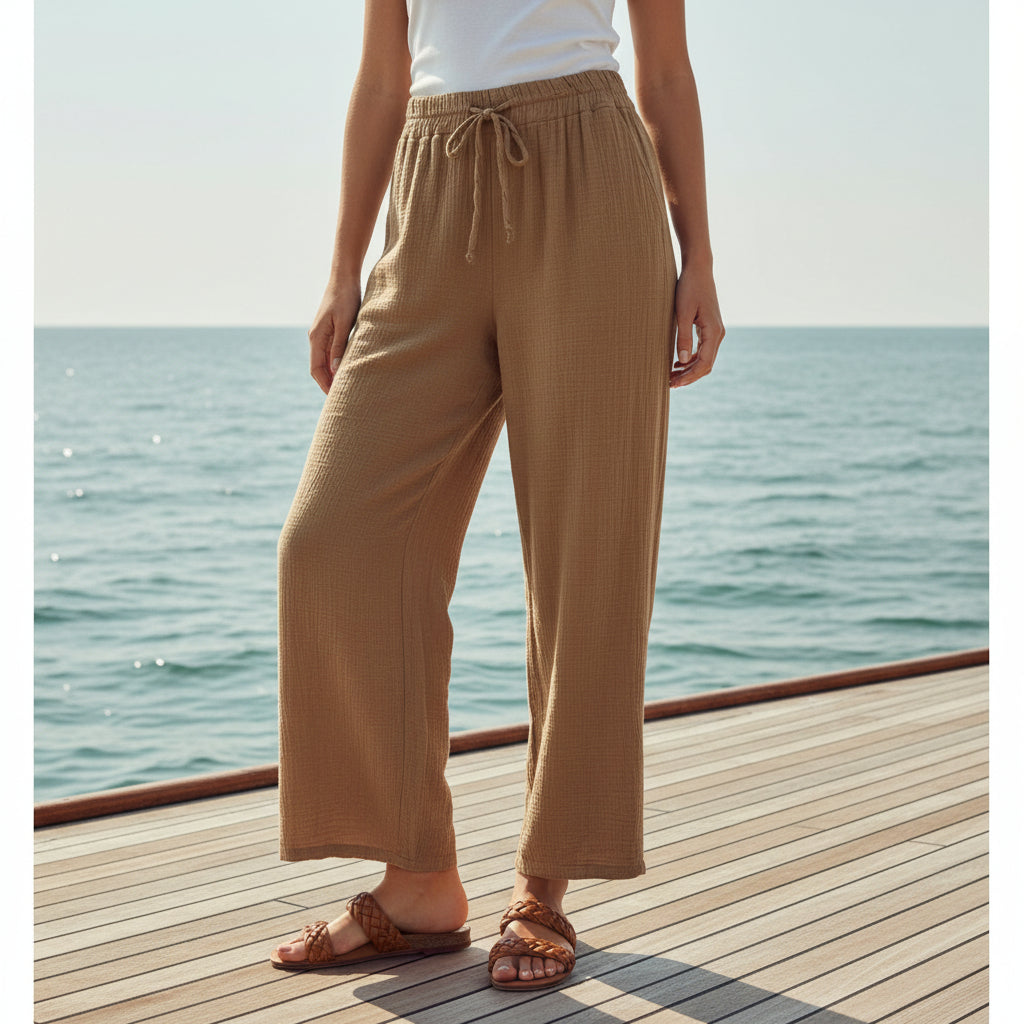 Pantalon Roman Gaze de Coton Coupe Large Droite 2 Poches Ceinture Élastique – 100% Coton, Taille 36-40