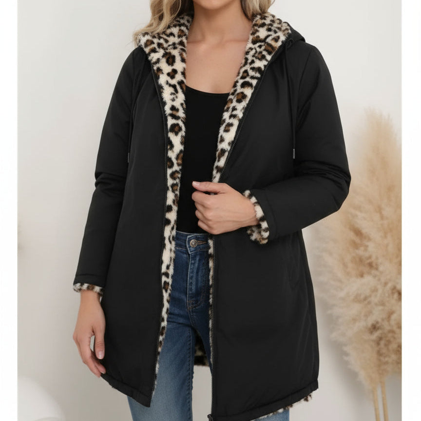 Parka Réversible Macha - Noir & Léopard Effet Fourrure