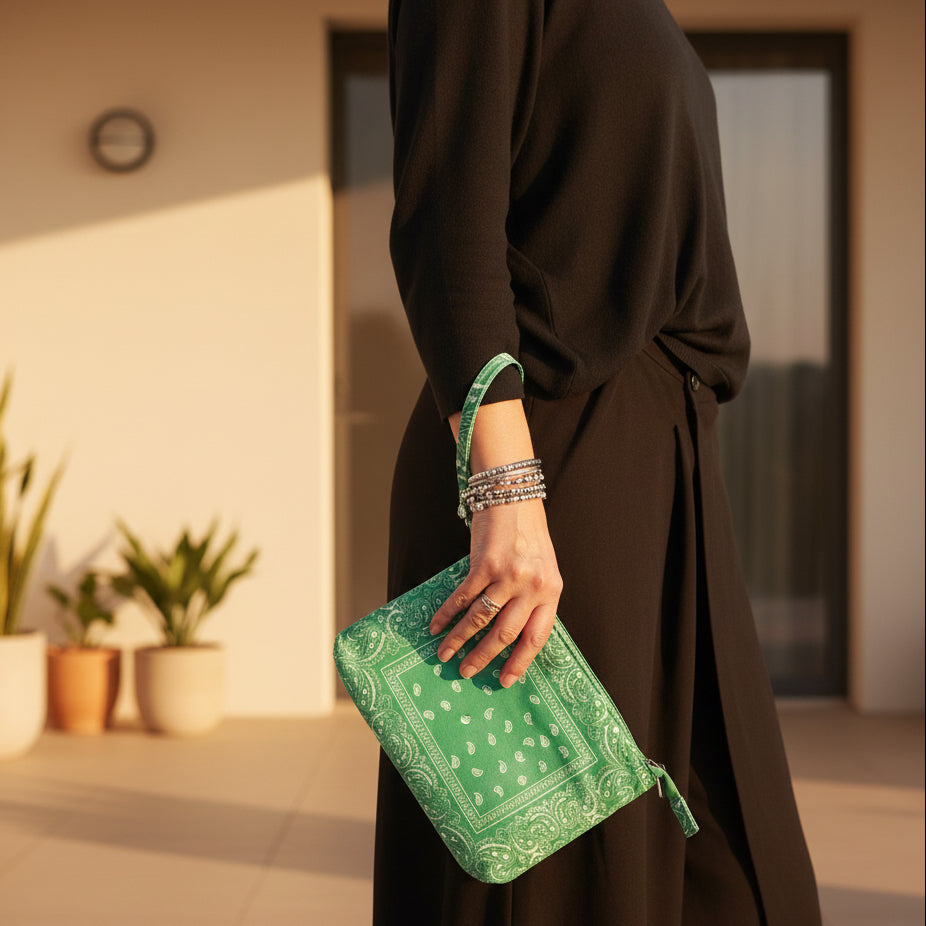 Pochette Mando verte portée à la dragonne – imprimé bandana original