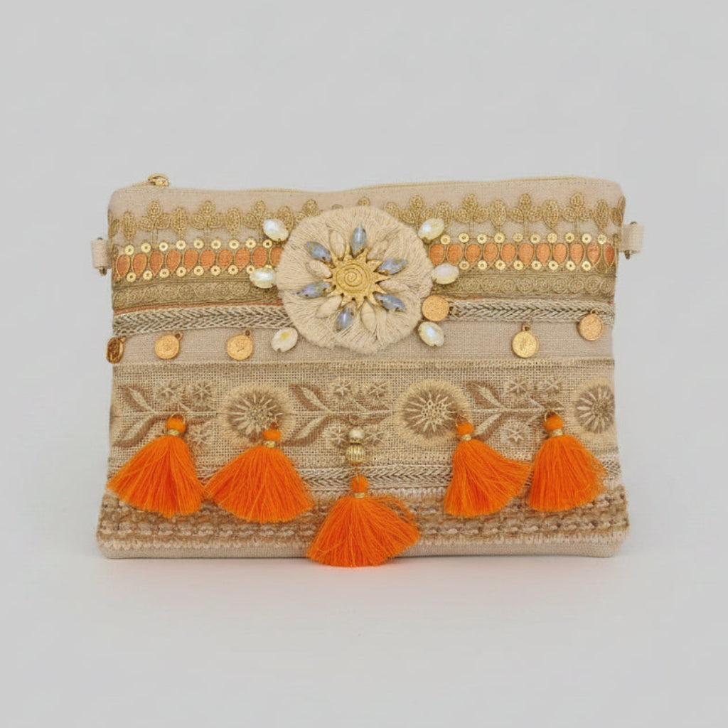 Pochette Tissu Nandi — Coquillages Pompons Dragonne Bohème Femme