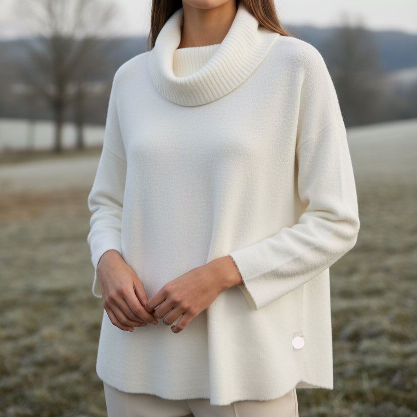 Pull Emile Col Boule Écru - Maille Douce Stretch Femme