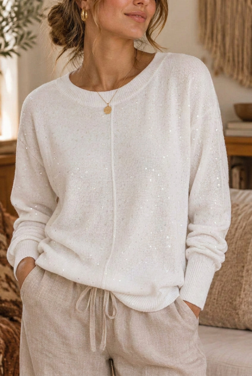 Pull Sequins Maille Fine Felix — Col Bateau Stretch Femme Taille Unique 36/42