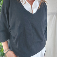 Pull MIREILLE noir col V oversized modal acrylique femme en superposition