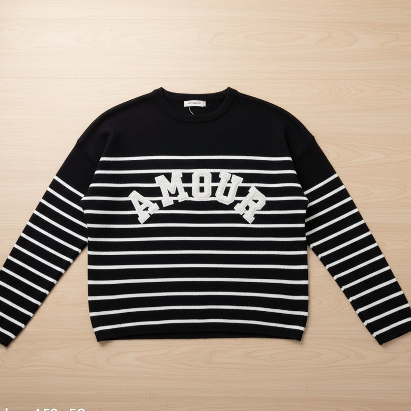 Pull Popeye Col Rond Rayé - Broderie Bouclette AMOUR Viscose