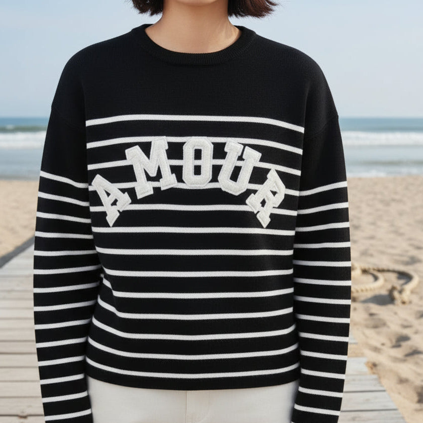 Pull Popeye Col Rond Rayé - Broderie Bouclette AMOUR Viscose