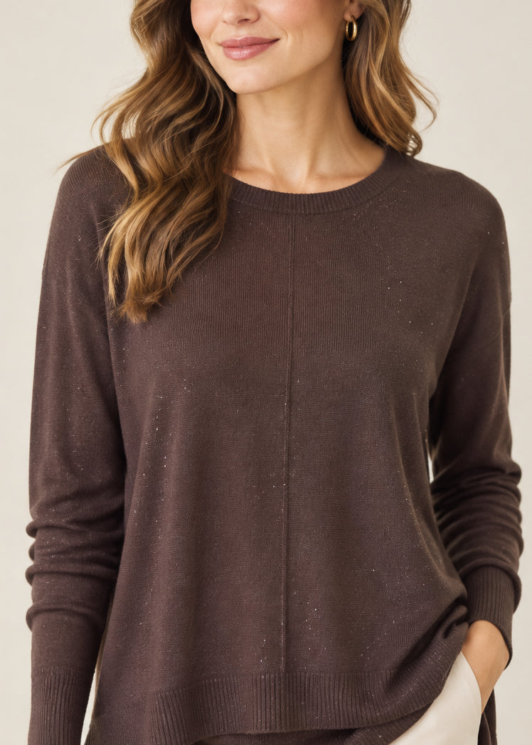 Pull sequins maille fine Felix choco porté, col bateau
