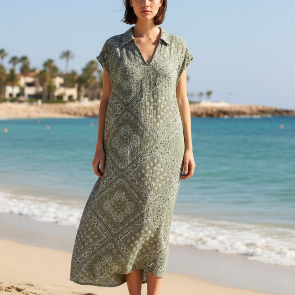 Robe mi-longue gaze coton imprimé bandana Alexa kaki délavé portée - ineva