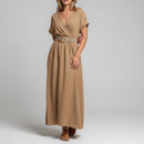 Robe Anna camel portée – longue kimono ceinturée, haut fluide et bas évasé, taille unique 36-44 sur carry-le-Rouet