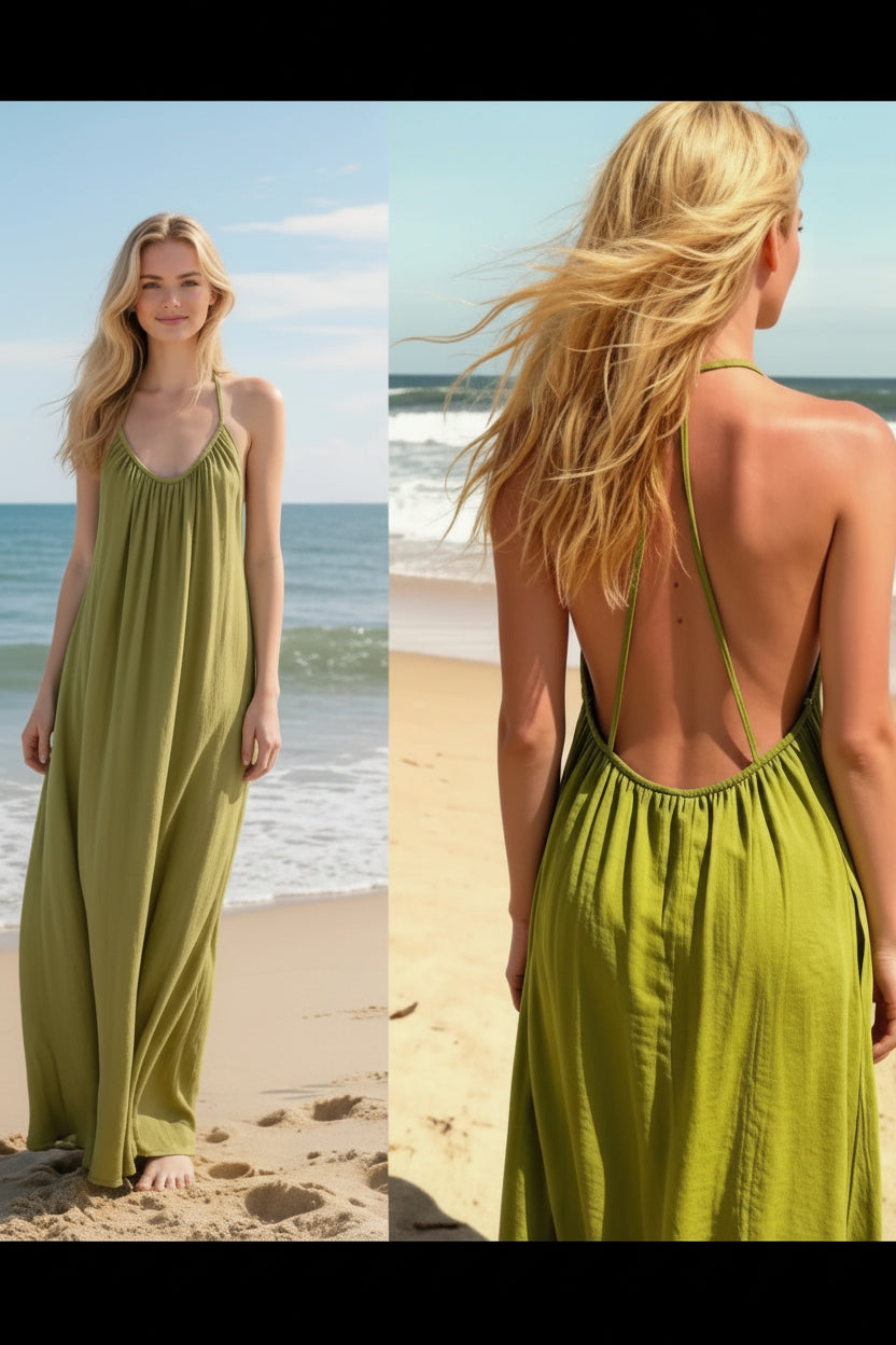 Robe longue dos nu Anouk pistache portée sur la plage vue de face et de dos — col V froncé, bretelles fines croisées dans le dos, coupe ample et fluide, taille unique 36/44, Made in Italy — ineva

