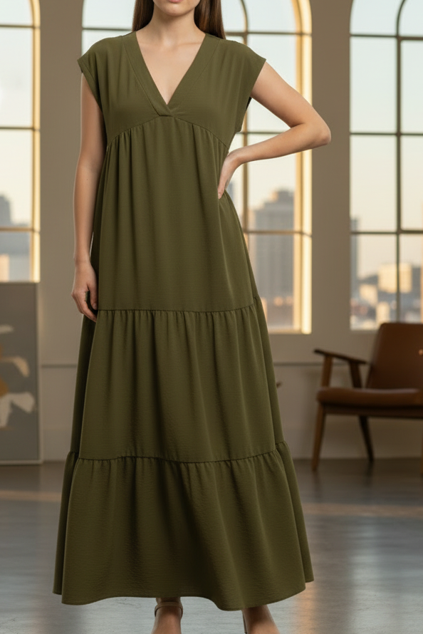 Robe Longue Col V Volants Bellal — Ample & Légère Femme