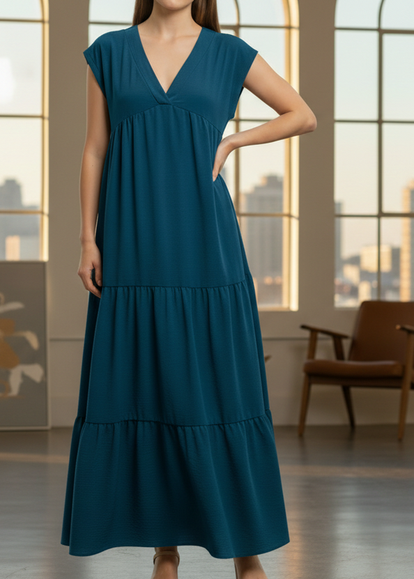 Robe Longue Col V Volants Bellal — Ample & Légère Femme