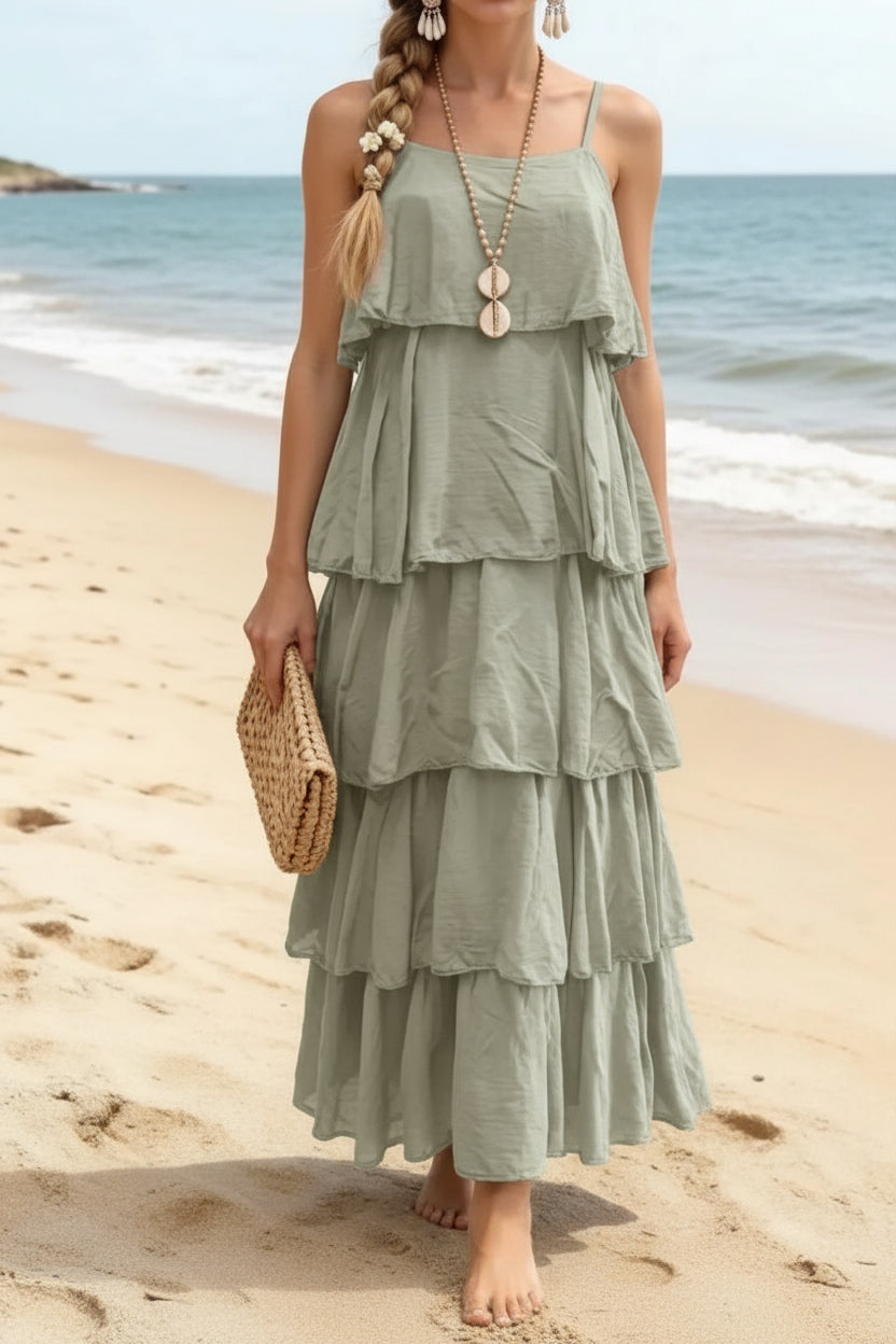 Robe Longue Voile Coton June — Bretelles Réglables Volants Bohème Femme