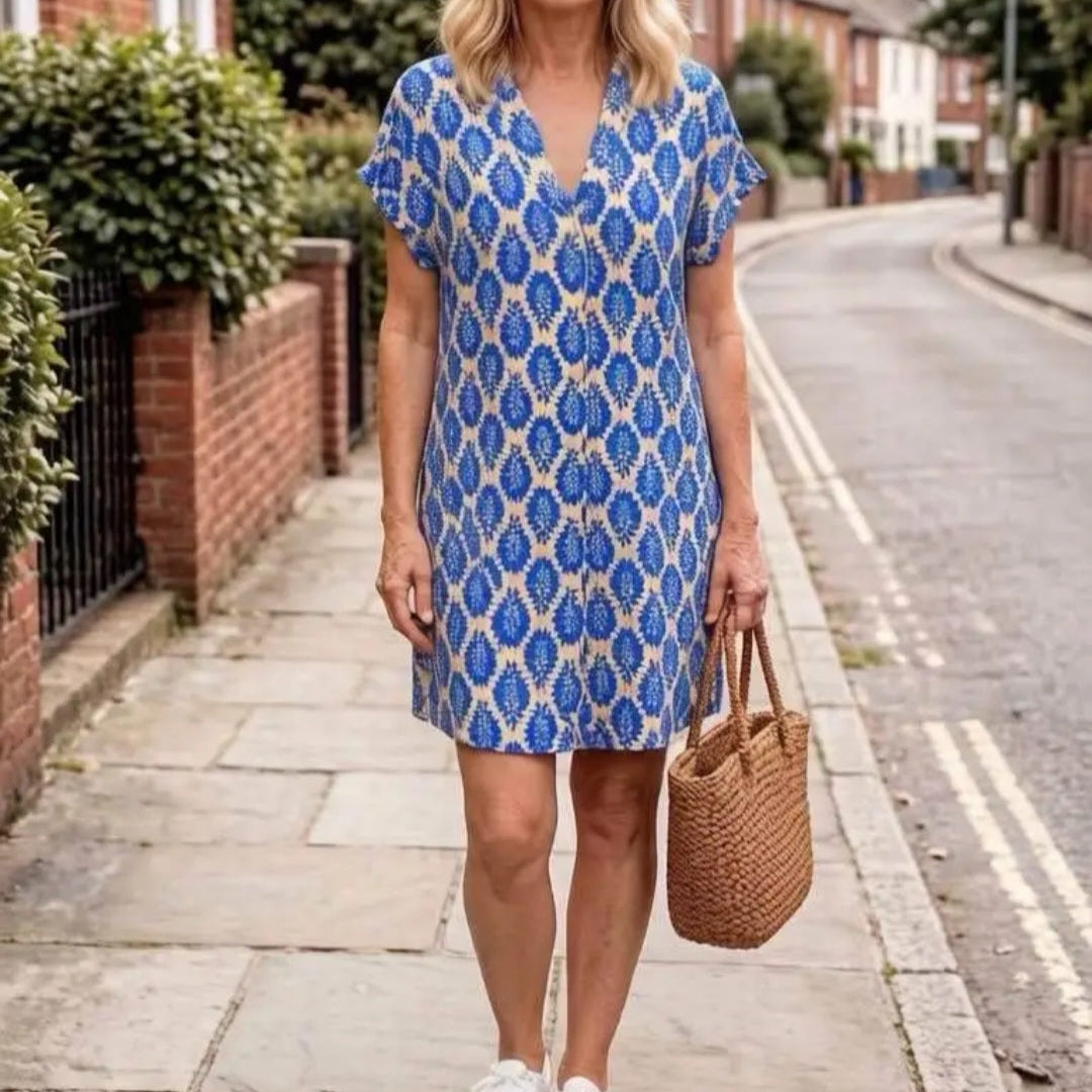 Robe Meline Mi-Longue Viscose Imprimée Col V Mancherons – Taille Unique 36-44