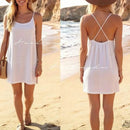 Robe Romy blanche portée – courte unie bretelles croisées dos, infroissable, idéale cérémonie