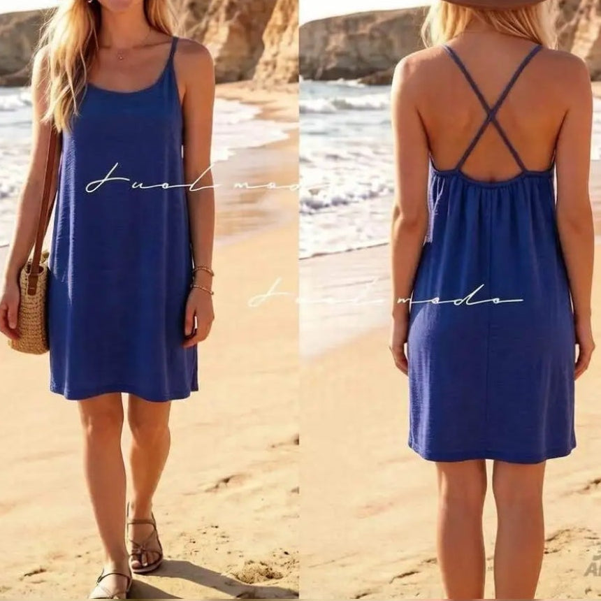 Robe Romy bleu royal portée – courte unie bretelles croisées dos, infroissable, taille 36-44