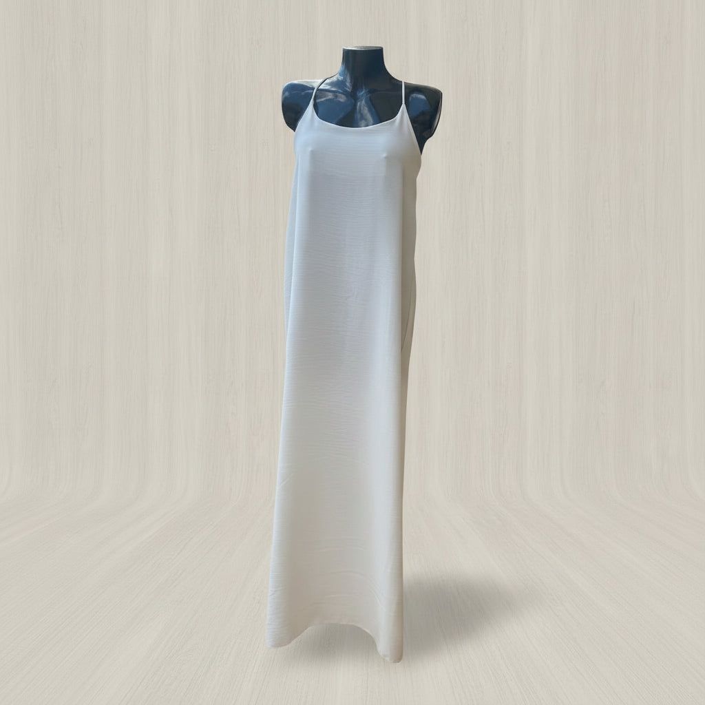 Robe Ruby blanche – longue unie bretelles croisées dos, idéale cérémonie et été