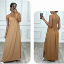 Robe Ruby camel – longue unie bretelles croisées dos, infroissable 95% viscose