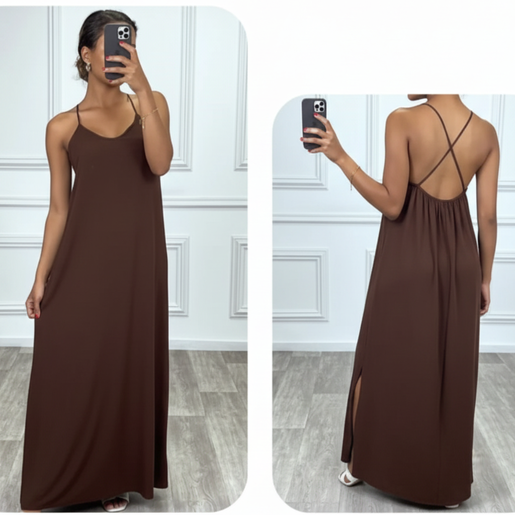 Robe Ruby choco portée – longue unie bretelles croisées dos, fentes latérales genoux