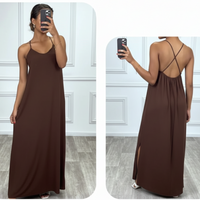 Robe Ruby choco portée – longue unie bretelles croisées dos, fentes latérales genoux