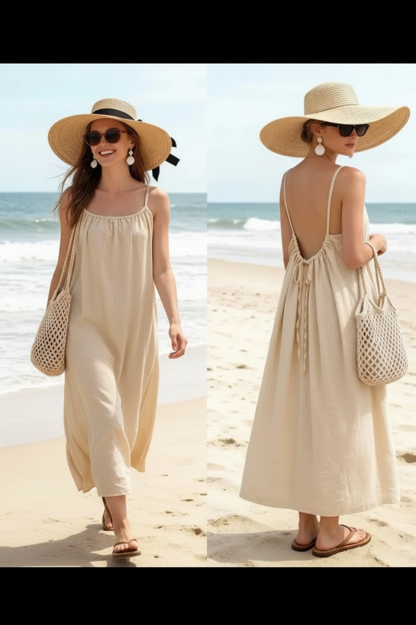 Robe Longue Dos Nu Sevine — Bretelles Fines Cordon Réglable Ample Made in Italy