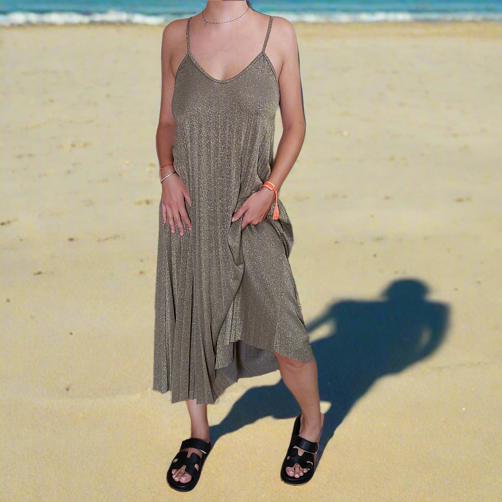 Robe Solal Longue Plissée Soleil Maille Irisée Lurex – 80% Viscose, Bretelles Fines, Taille 34-46
