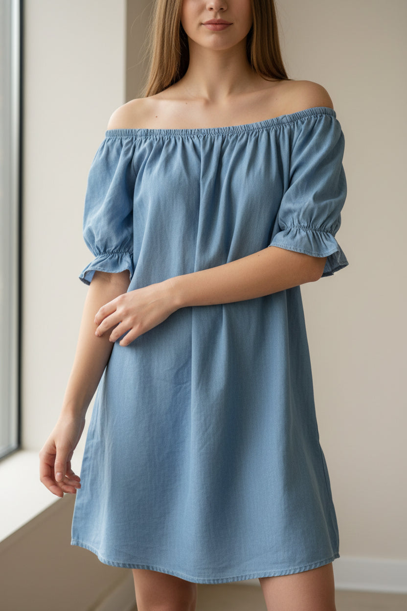 Robe courte Zoé lyocell aspect jean portée par une jeune femme en version épaules Marilyn — col large élastique — look glamour casual chic — ineva
