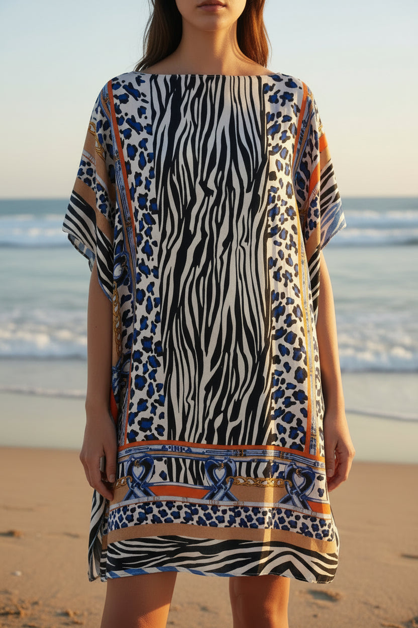Robe Plage Versus — Poncho Col Bateau Imprimé Léopard Chic Taille Généreuse