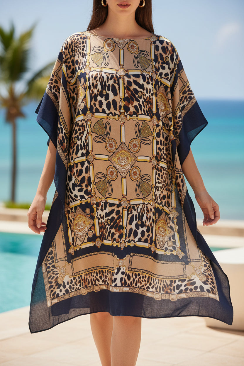 Robe Plage Versus — Poncho Col Bateau Imprimé Léopard Chic Taille Généreuse