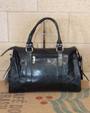 Grand Sac Bologne simili cuir brillant irisé noir vue de dos — bandoulière amovible réglable, simili cuir irisé, quincaillerie dorée — ineva
