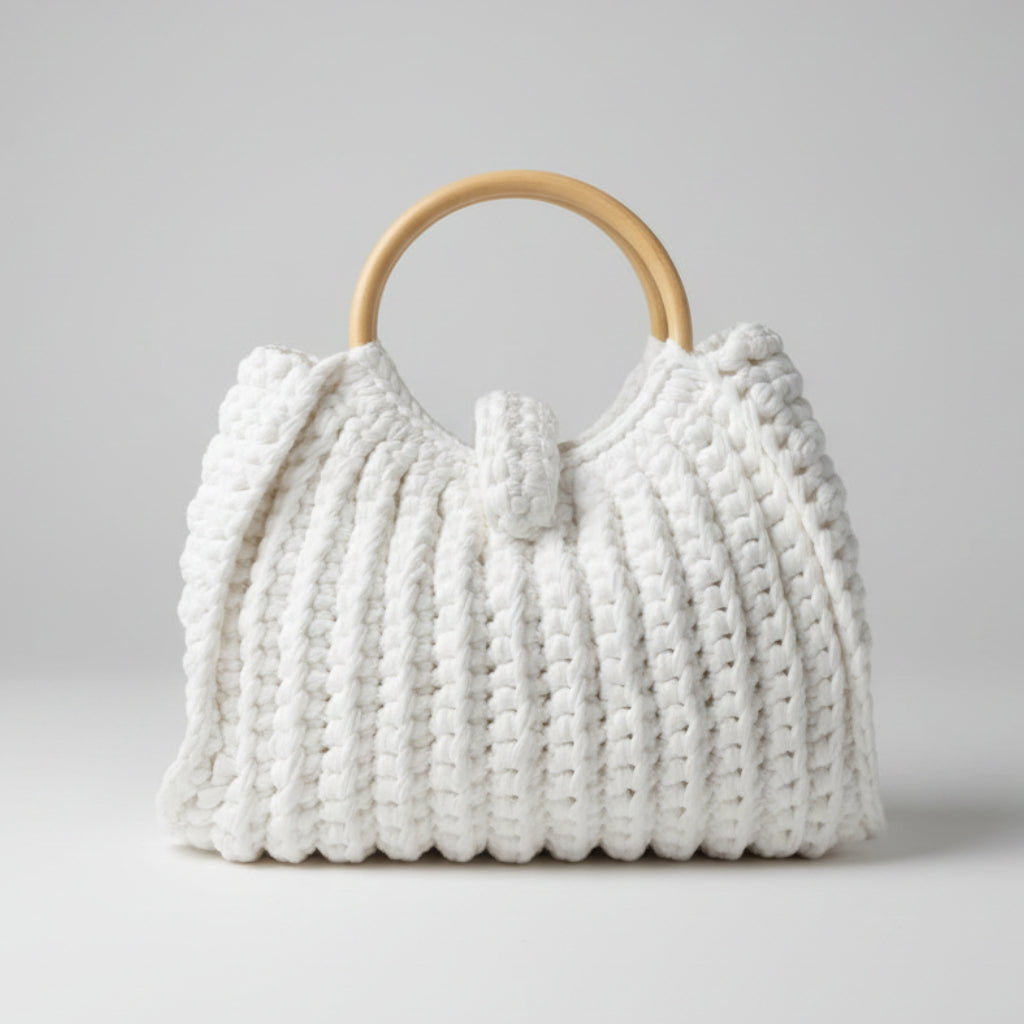 Sac à main tricot grosses mailles anses bois Kuta blanc - ineva