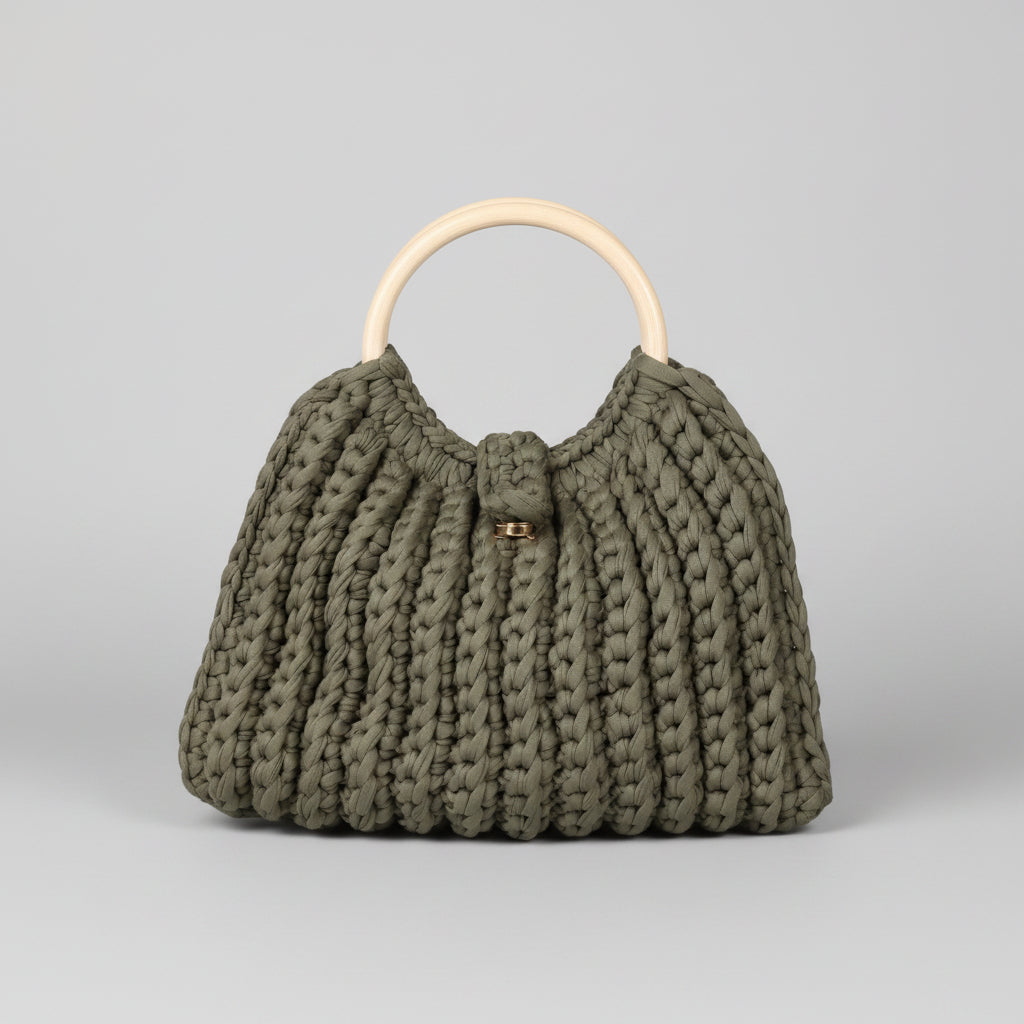 Sac à main tricot grosses mailles anses bois Kuta kaki - ineva