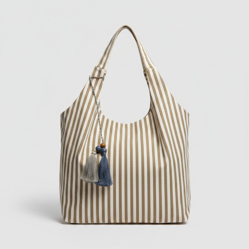 Sac Lacanau – détail pompons sur l'anse, toile de jute bohème chic