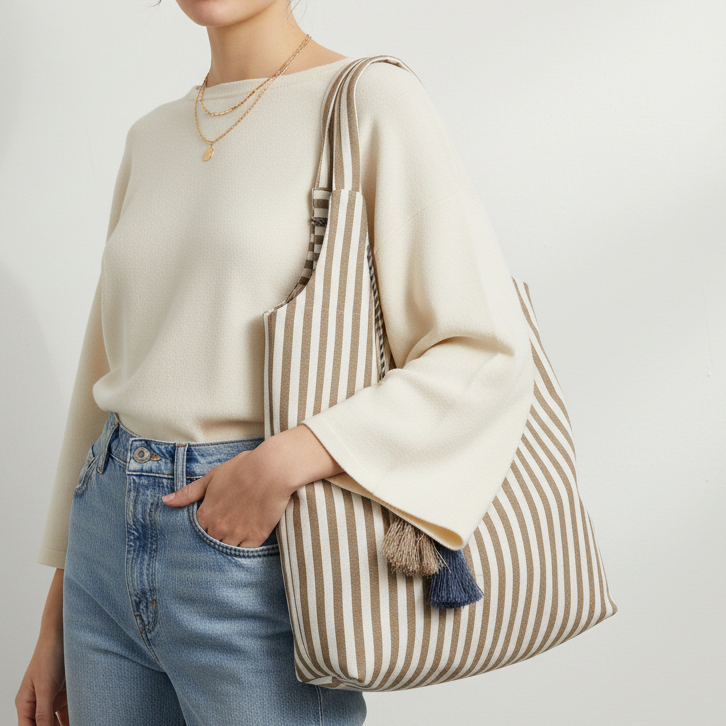 Sac Lacanau Grand Cabas Toile de Jute Arrondi – Pompons, Fermeture Éclair, Motif Rayé ou Léopard