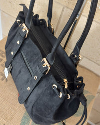 Grand Sac Milan nubuck synthétique noir avec pochette de cours A4 devant — capacité 3-4 cahiers A4, sac de cours spacieux, 45x27x10 cm — ineva
