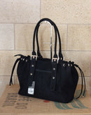 Grand Sac Milan nubuck synthétique noir vue de dos — double anse réglable, côtés froncés cordons coulissants dorés, quincaillerie dorée — ineva
