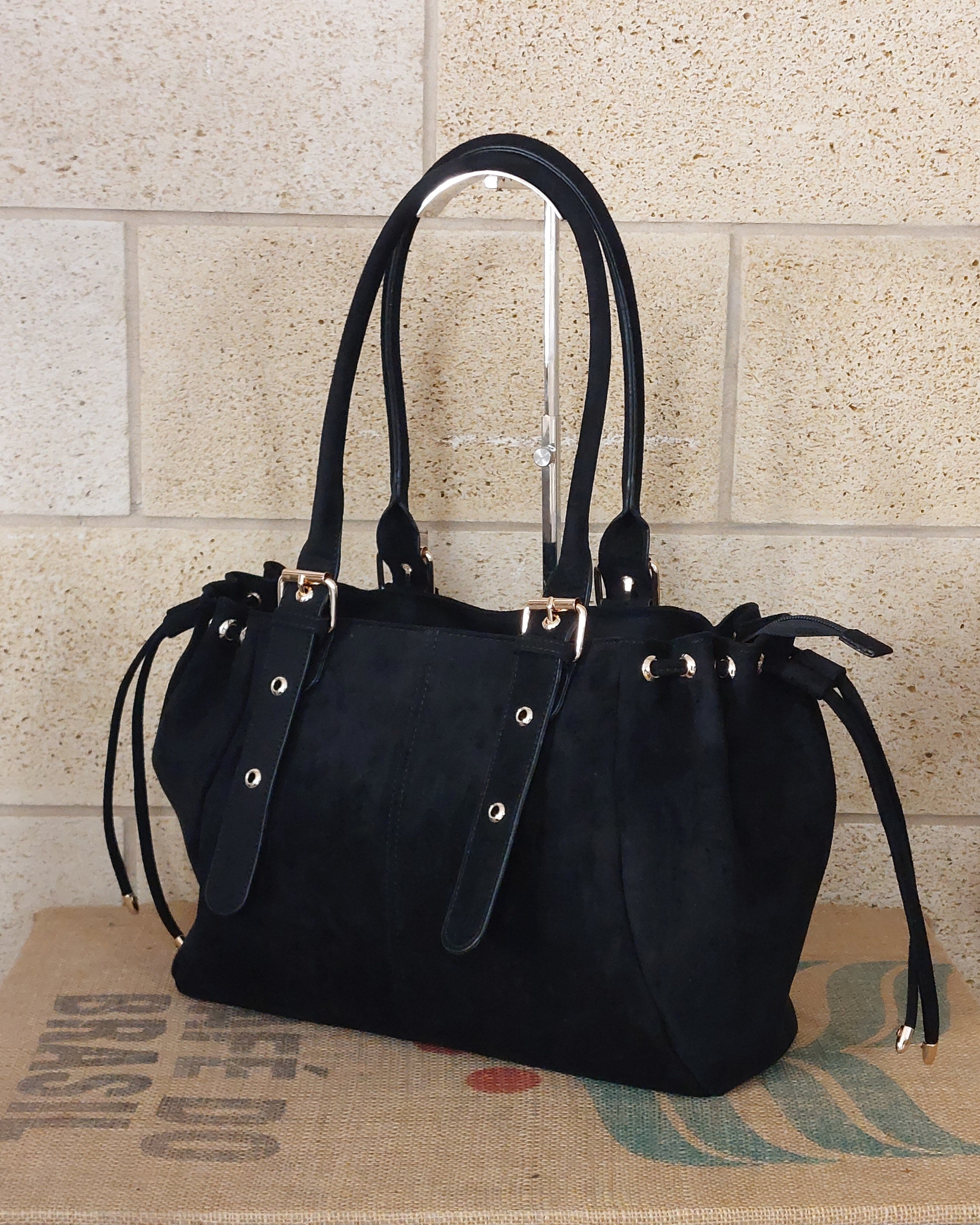 Sac Milan — Nubuck Synthétique Trapèze Sac de Cours Cordons Coulissants Dorés