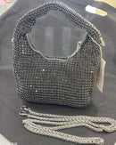Sac Pepa mini bourse strass noir et argenté vue de face — forme demi-lune, anse main rigide argentée, chaînette bandoulière amovible argentée, fermeture zip, 15x15 cm — ineva
