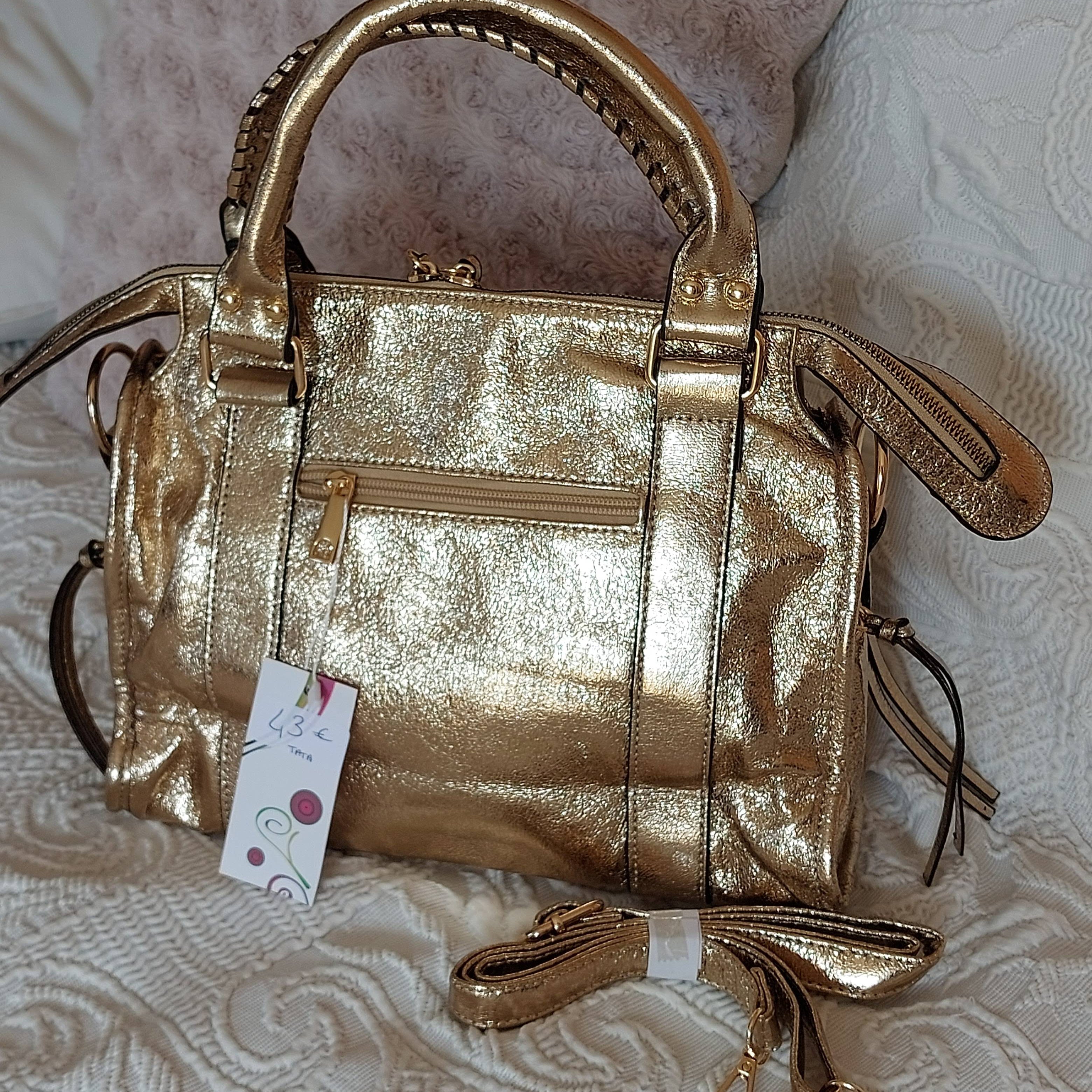 Sac à Main TATA - Simili Cuir Doré Brillant avec Finitions Cloutées
