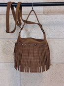 Sac Vegas camel en suédine à franges et clous
