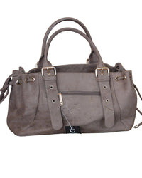 Sac Roma nubuck synthétique taupe vue de dos — bandoulière amovible, côtés froncés cordons coulissants dorés, fermeture zip, quincaillerie dorée — ineva
