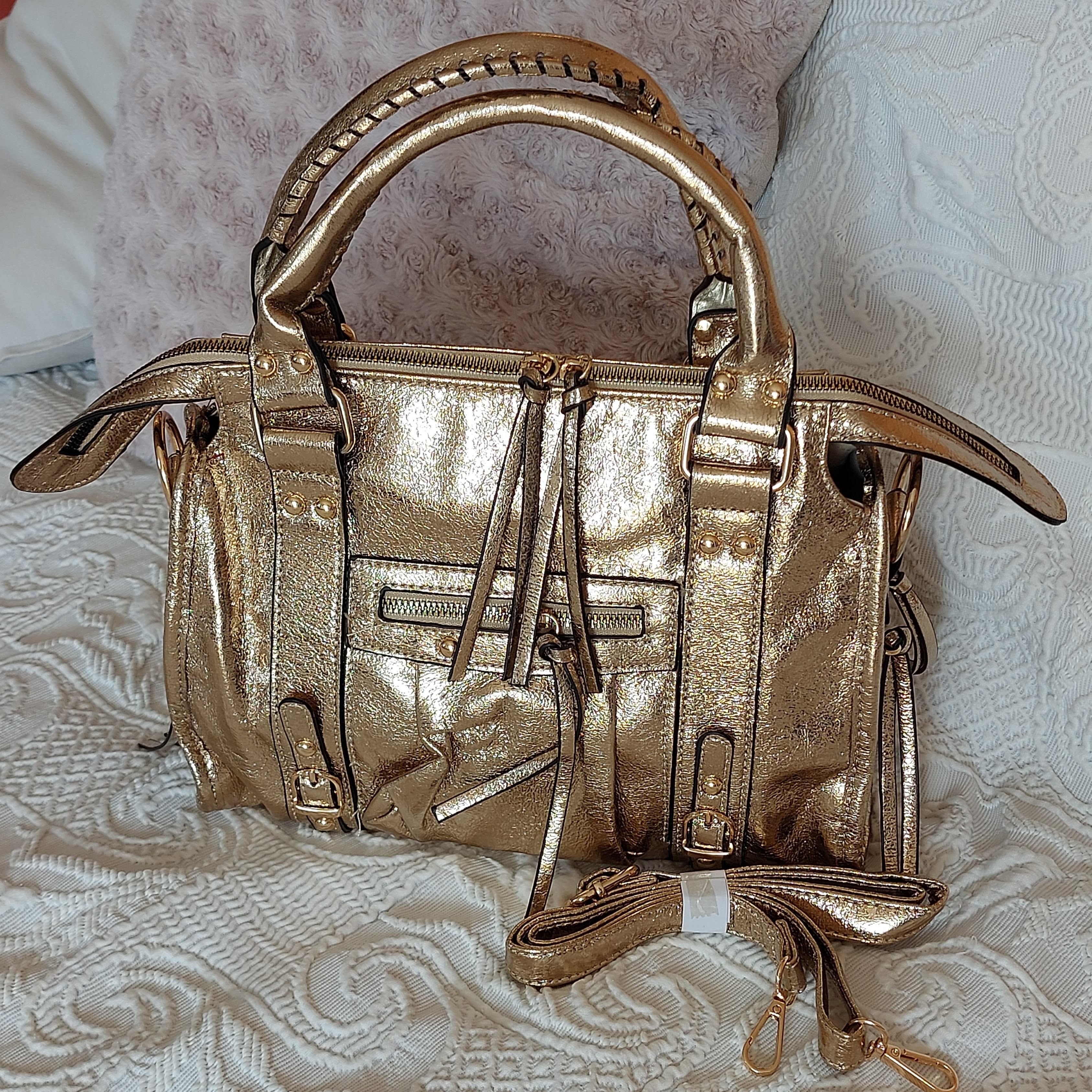 Sac à Main TATA - Simili Cuir Doré Brillant avec Finitions Cloutées