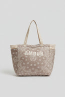 Sac de plage Splitz grège — cabas tissus imprimé bandana bi-color fermeture zip multi-poches broderie colorée — vue de face accessoire estival femme — ineva
