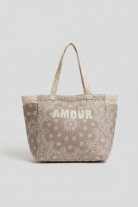 Sac de plage Splitz grège — cabas tissus imprimé bandana bi-color fermeture zip multi-poches broderie colorée — vue de face accessoire estival femme — ineva
